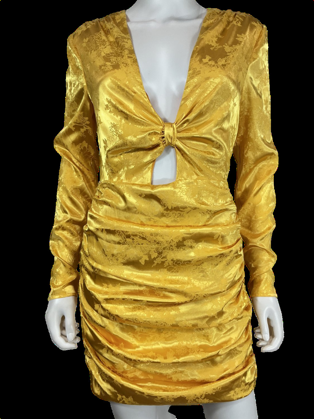 Camila Coelho Chic Yellow Knot Front Ruched Long Sleeve Mini Dress Size S